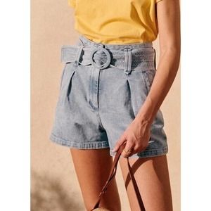 SEZANE DEIA SHORTS SNOW BLUE Denim Belt High Waist SIZE 40 US 8